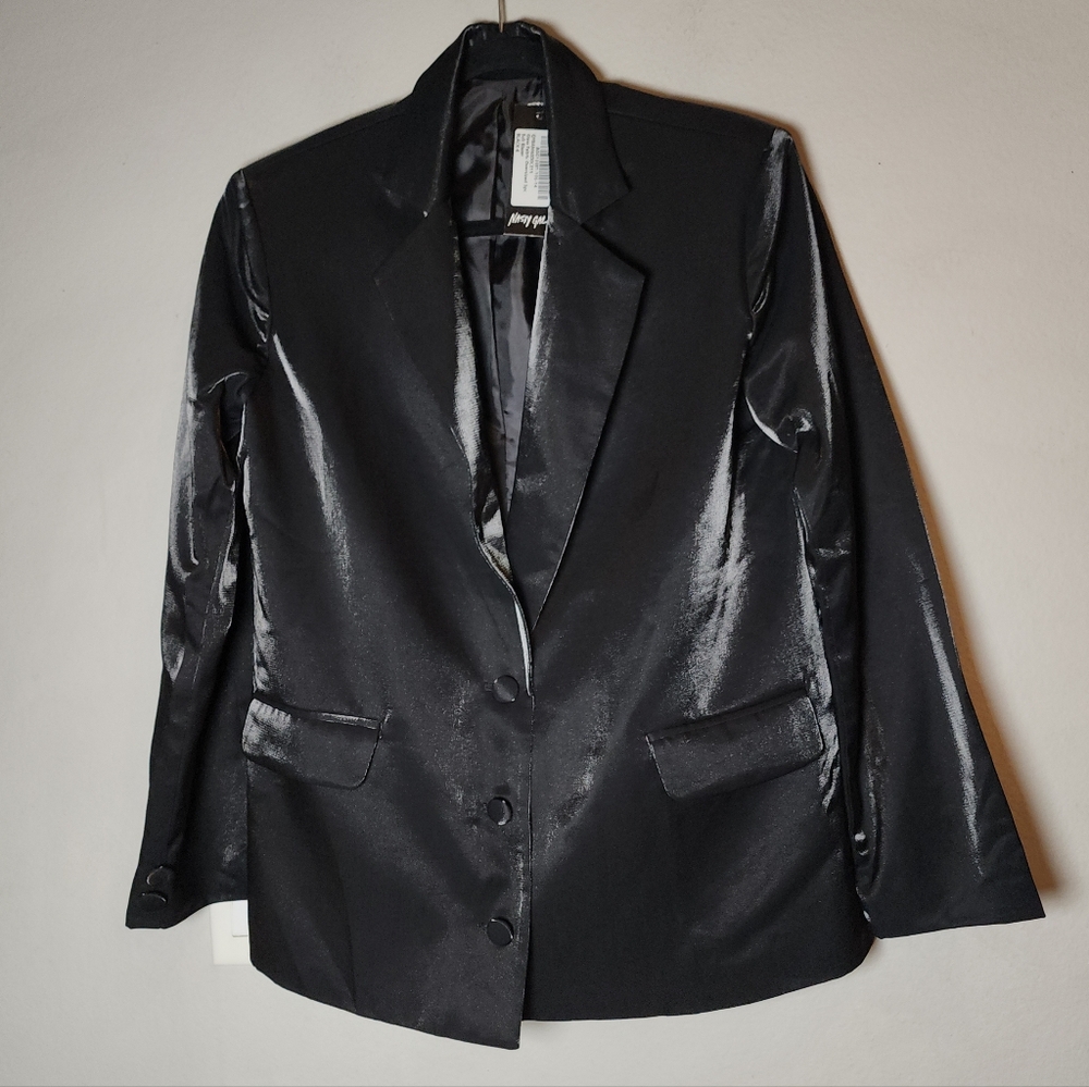 NWT Nasty Gal Oversized Black Glass Shine Satin Blazer Jacket Size 2